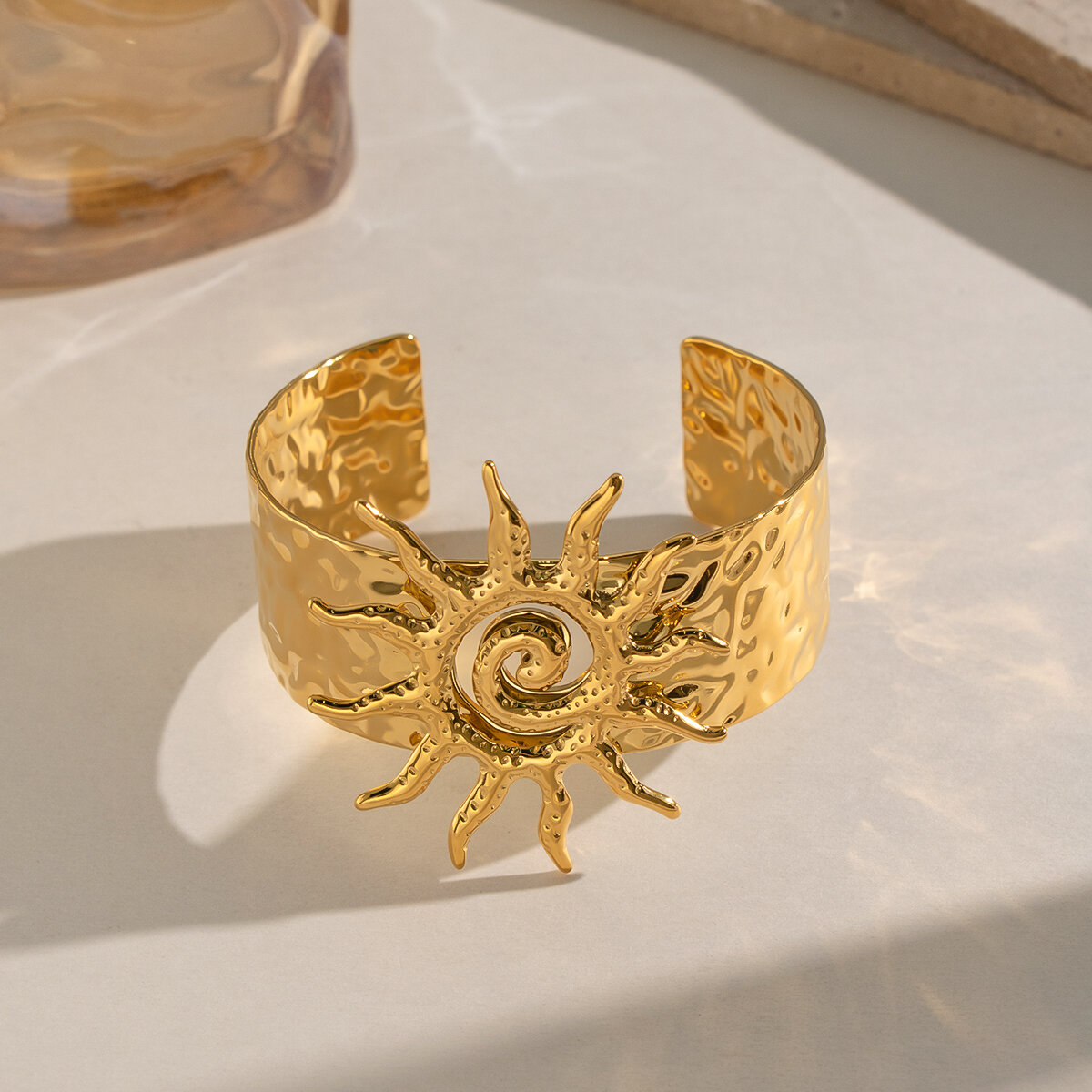 Sun Shape Stainless Steel Waterproof Gold Color Women's Cuff Bracelets h5 Picture4