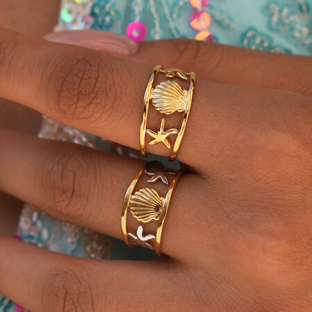 Ocean Series Daily Shell Starfish Stainless Steel Waterproof Gold Color Designer Ring 2