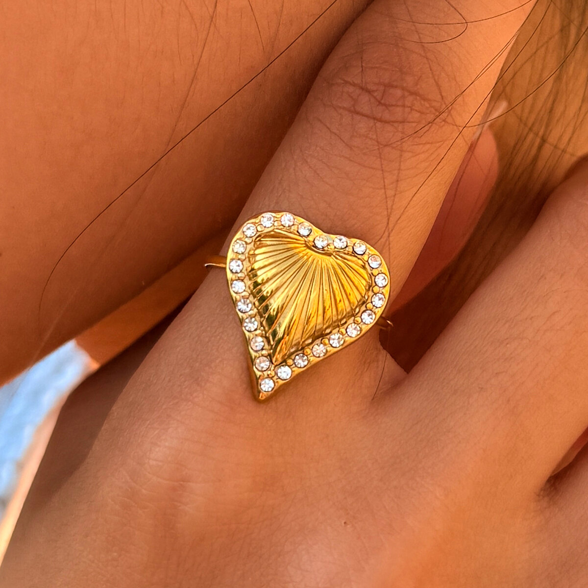 Simple Series Daily Heart Stainless Steel Waterproof   Gold Color  Zircon Ring Sets
