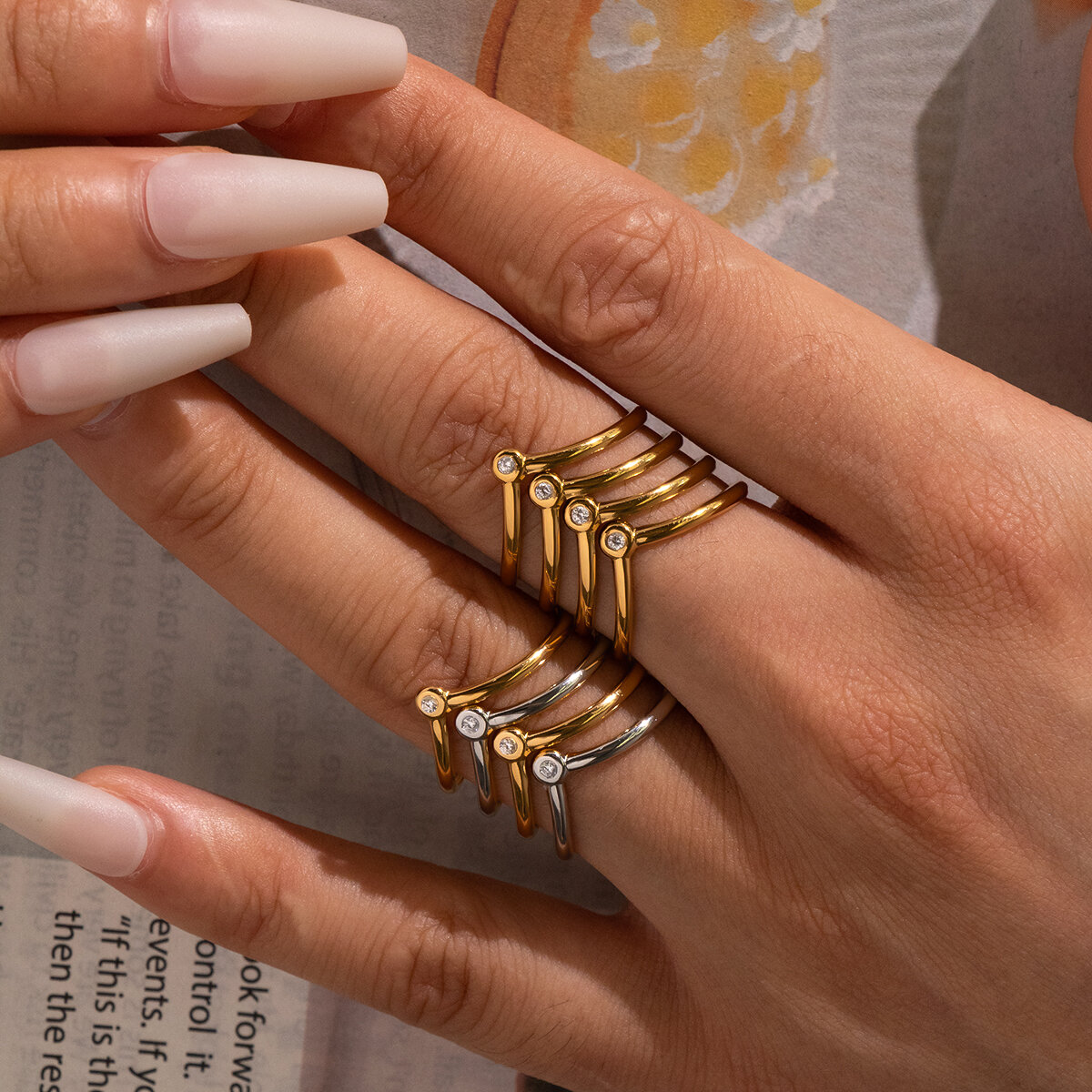 Triangle Stainless Steel Waterproof Gold Color Rhinestone Statement Rings h5 Picture3