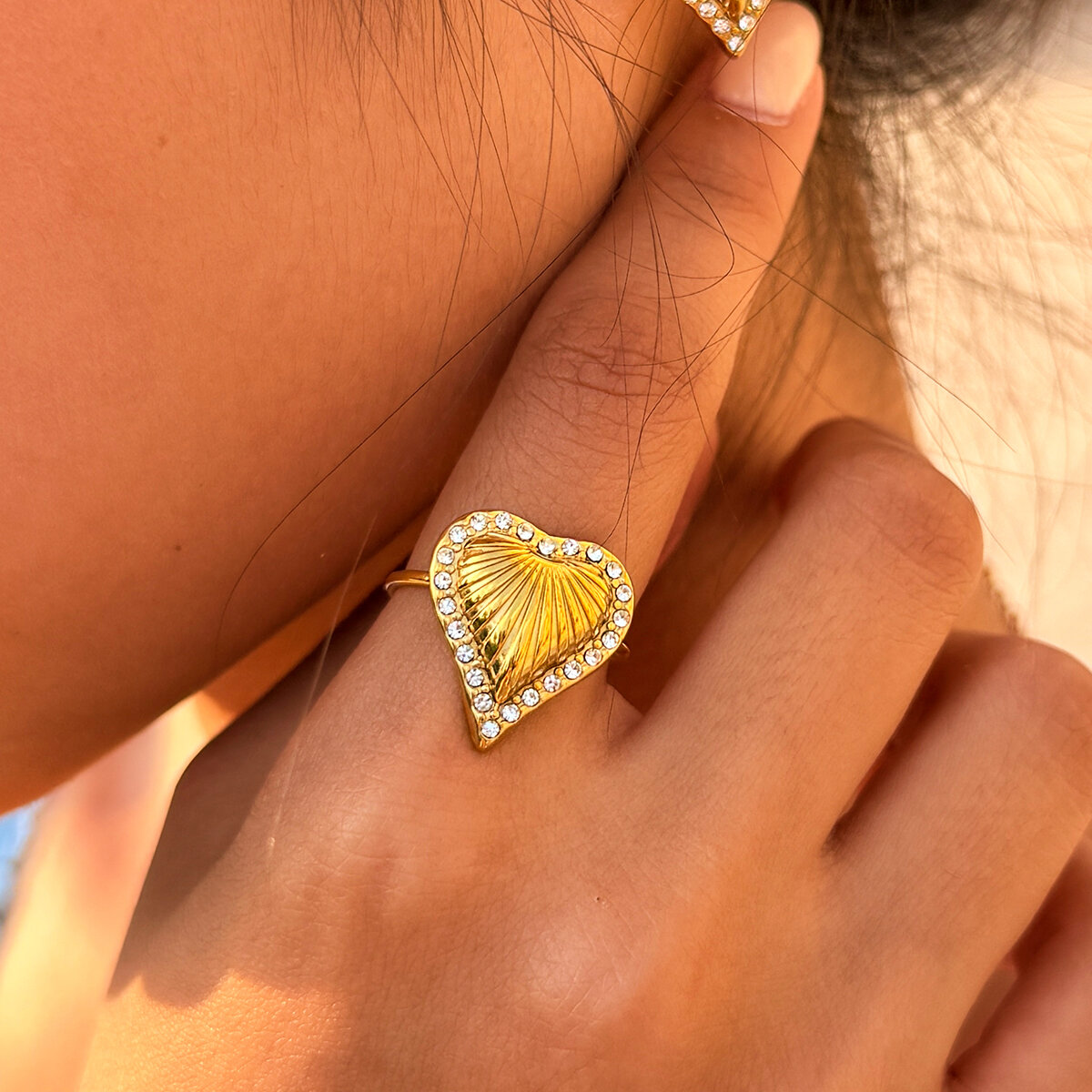 Simple Series Daily Heart Stainless Steel Waterproof   Gold Color  Zircon Ring Sets 2