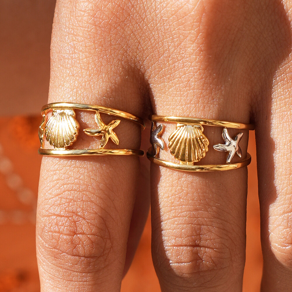 Ocean Series Daily Shell Starfish Stainless Steel Waterproof Gold Color Designer Ring h5Picture3