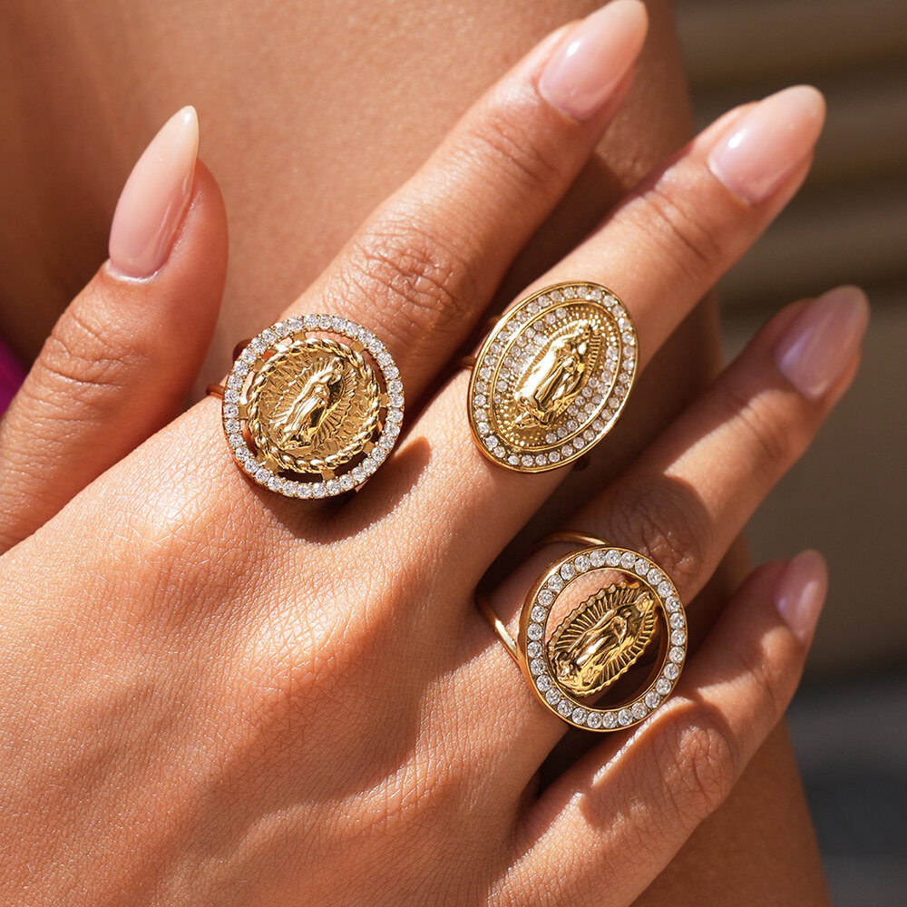 Simple Series Daily Retro Oval Stainless Steel Waterproof Gold Color Zircon Statement Rings h5Picture4