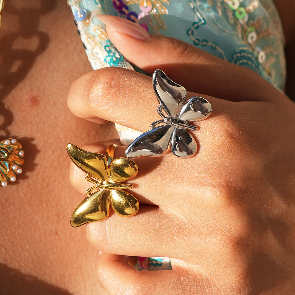 Simple Series Daily Butterfly Stainless Steel Waterproof Gold Color Statement Rings h5Picture4
