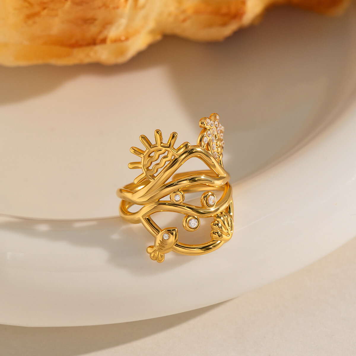 Oceanic Style Stainless Steel Waterproof Gold Color Statement Rings h5 Picture4