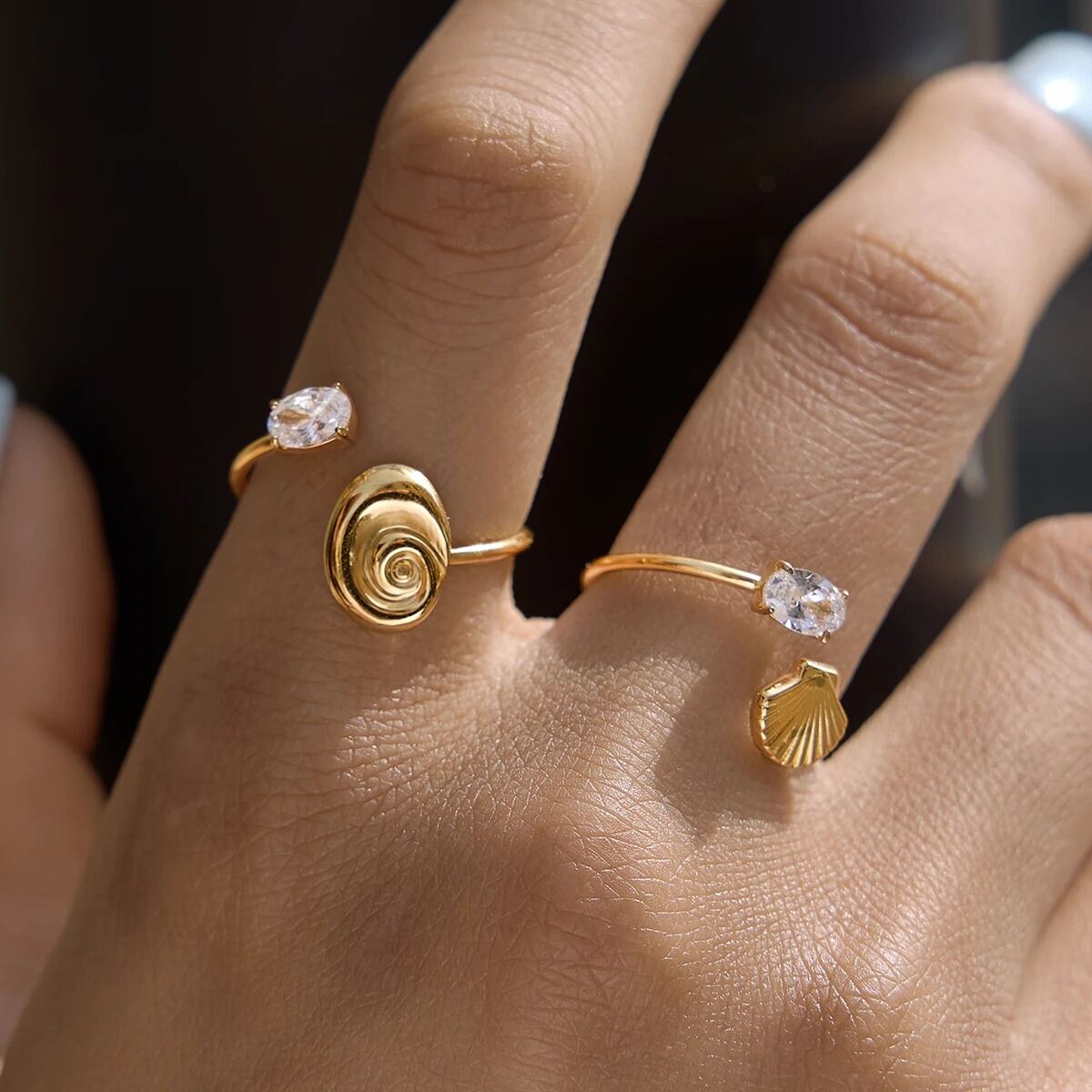 Oceanic Style Stainless Steel Waterproof Gold Color Statement Rings 2