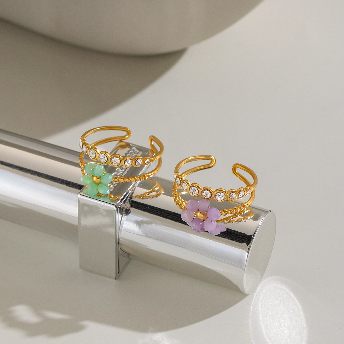 Sweet Flower Stainless Steel Waterproof Gold Color Zircon Statement Rings Picture3