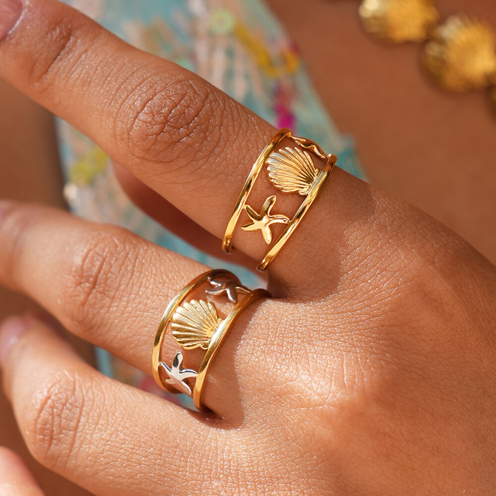 Ocean Series Daily Shell Starfish Stainless Steel Waterproof Gold Color Designer Ring h5Picture4