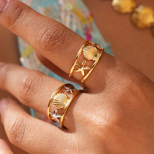 Ocean Series Daily Shell Starfish Stainless Steel Waterproof Gold Color Designer Ring h5 Picture4