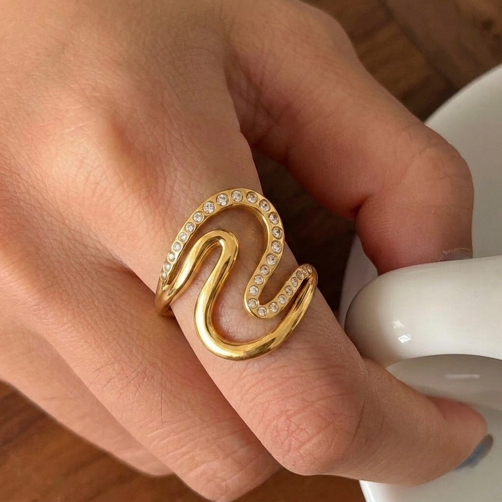 Irregular Shape Stainless Steel Waterproof Gold Color Rhinestone Minimalist Rings h5 Picture2