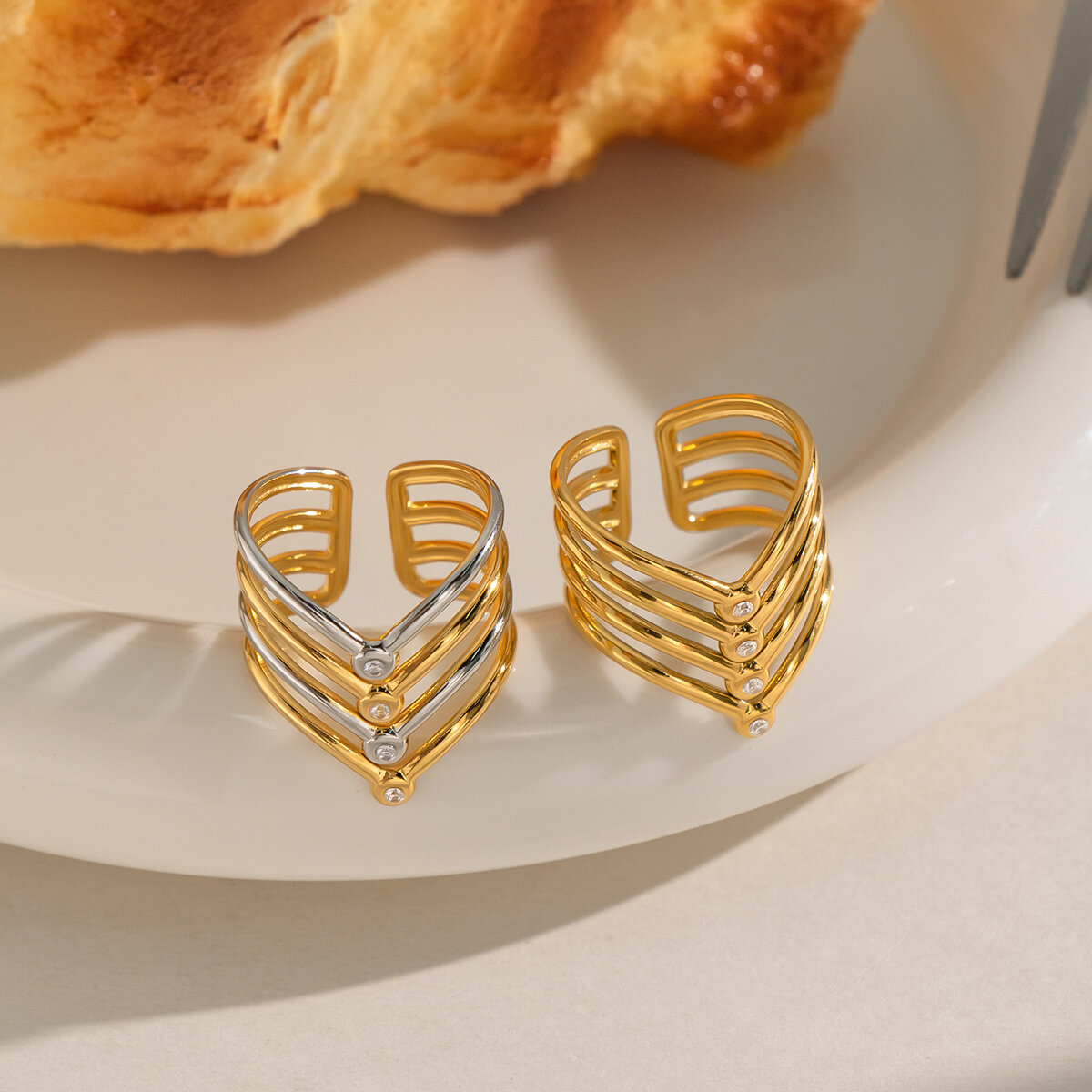 Triangle Stainless Steel Waterproof Gold Color Rhinestone Statement Rings Picture5