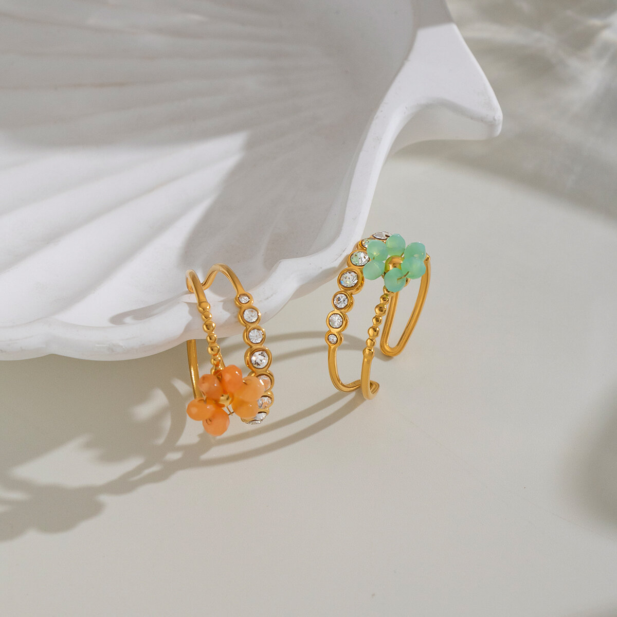 Sweet Flower Stainless Steel Waterproof Gold Color Zircon Statement Rings Picture5