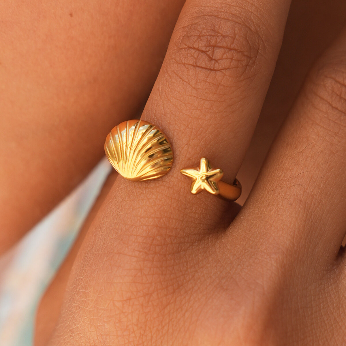 Simple Series Daily Shell Starfish Stainless Steel Waterproof   Gold Color  Statement Rings 2