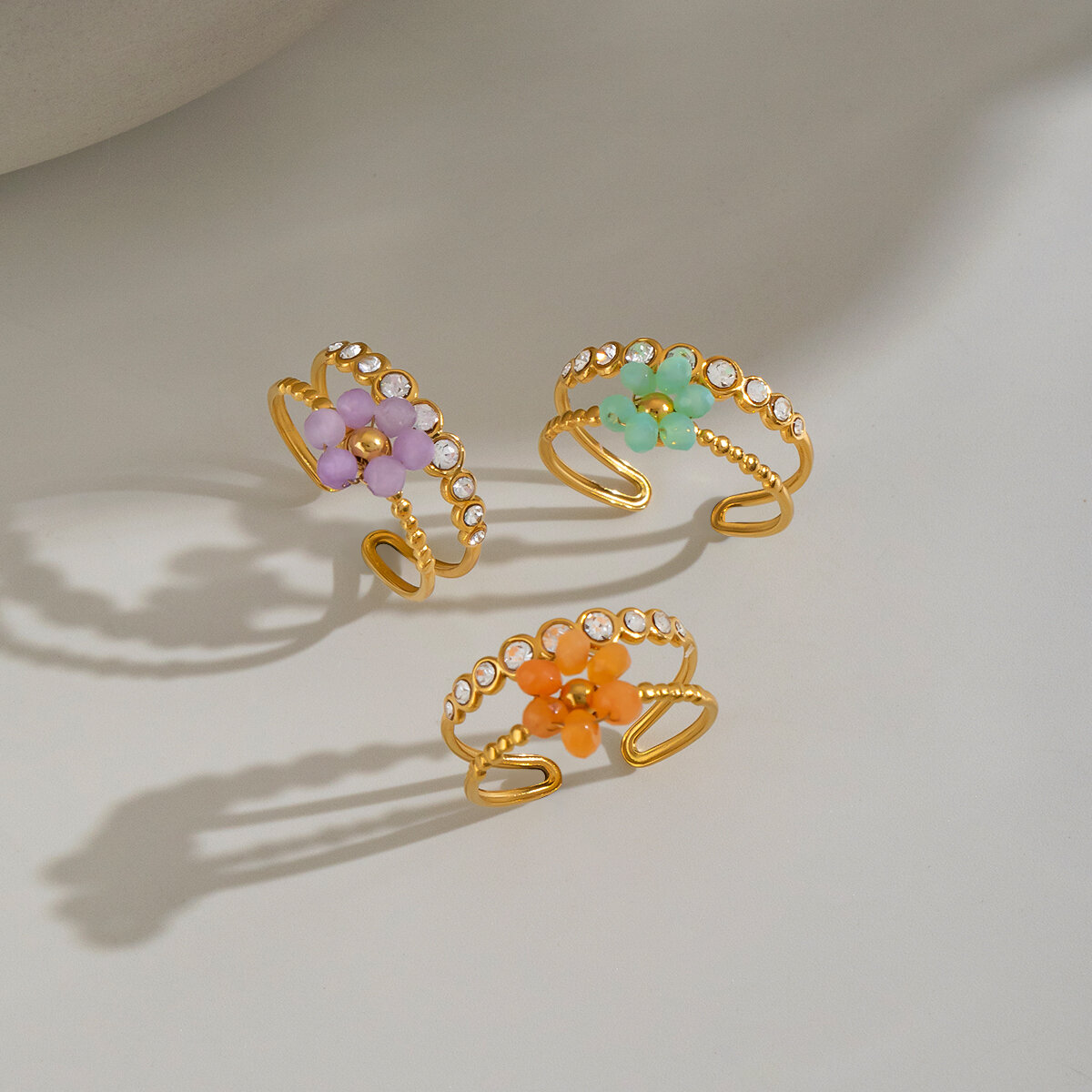 Sweet Flower Stainless Steel Waterproof Gold Color Zircon Statement Rings h5 Picture4