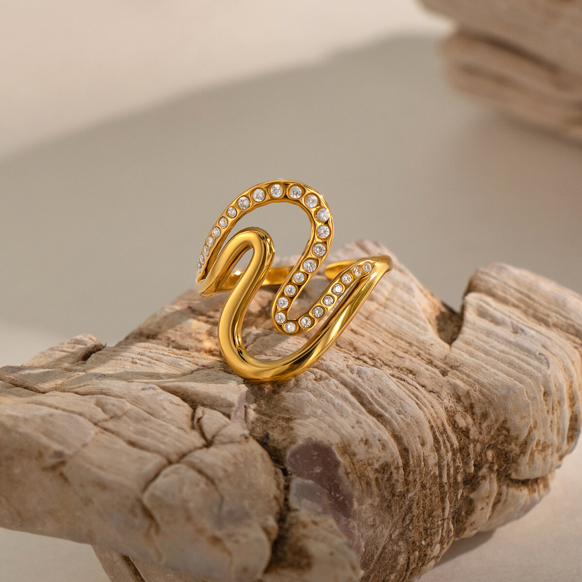 Irregular Shape Stainless Steel Waterproof Gold Color Rhinestone Minimalist Rings Picture5