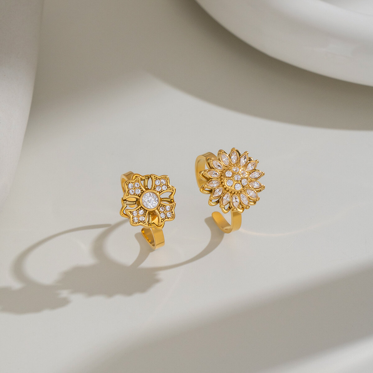 Luxury Series Flower Stainless Steel Waterproof Gold Color Zircon Gemstone Rings Picture4