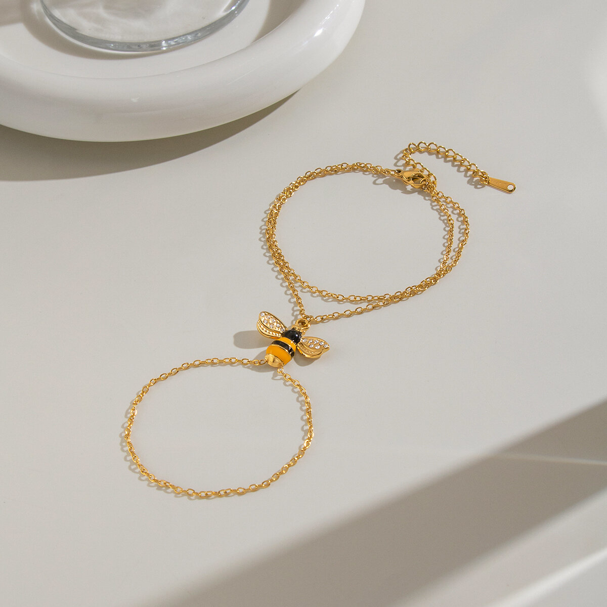Enamel Bee Shape Stainless Steel Waterproof Gold Color Rhinestone Women's Hand Chain Picture2