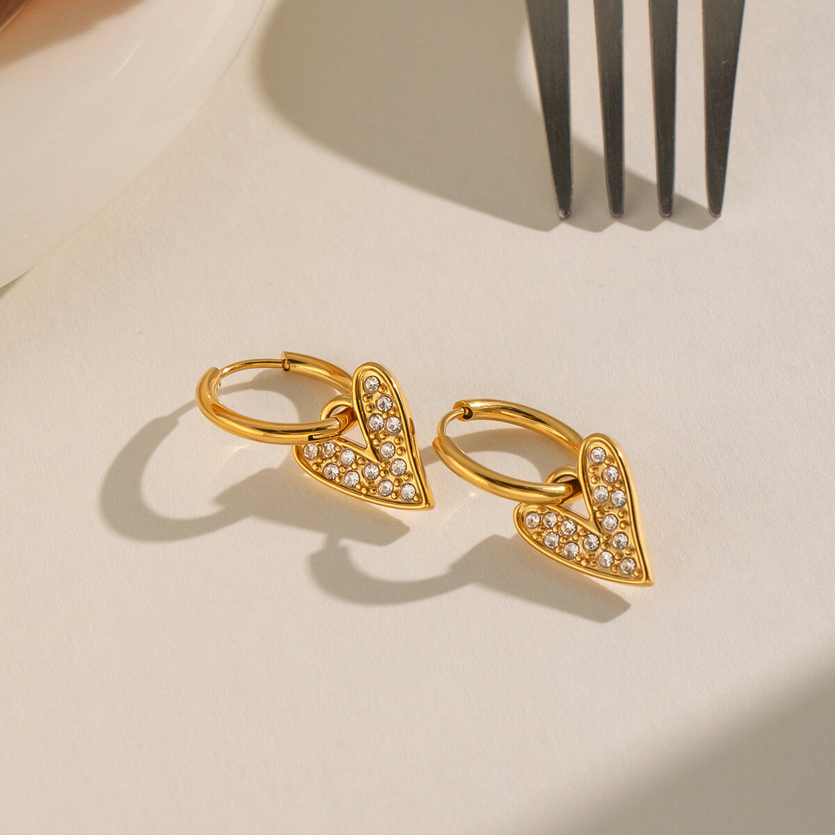 Heart Stainless Steel Waterproof Gold Color Rhinestone Women's Drop Earrings Picture5