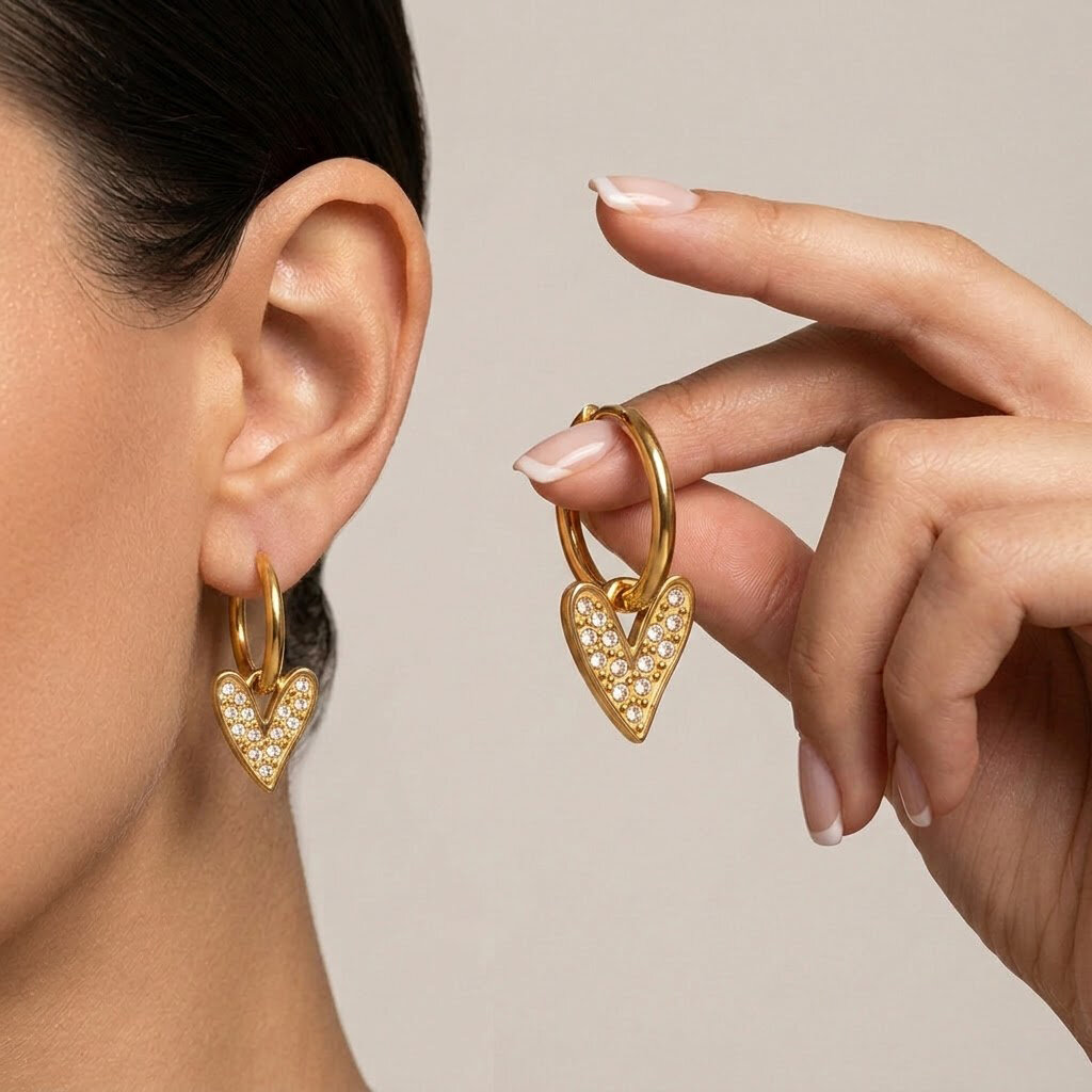 Heart Stainless Steel Waterproof Gold Color Rhinestone Women's Drop Earrings Picture2