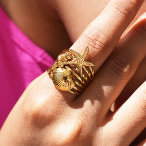 Ocean Series Daily Shell Starfish Stainless Steel Waterproof Gold Color Statement Rings h5 Picture5