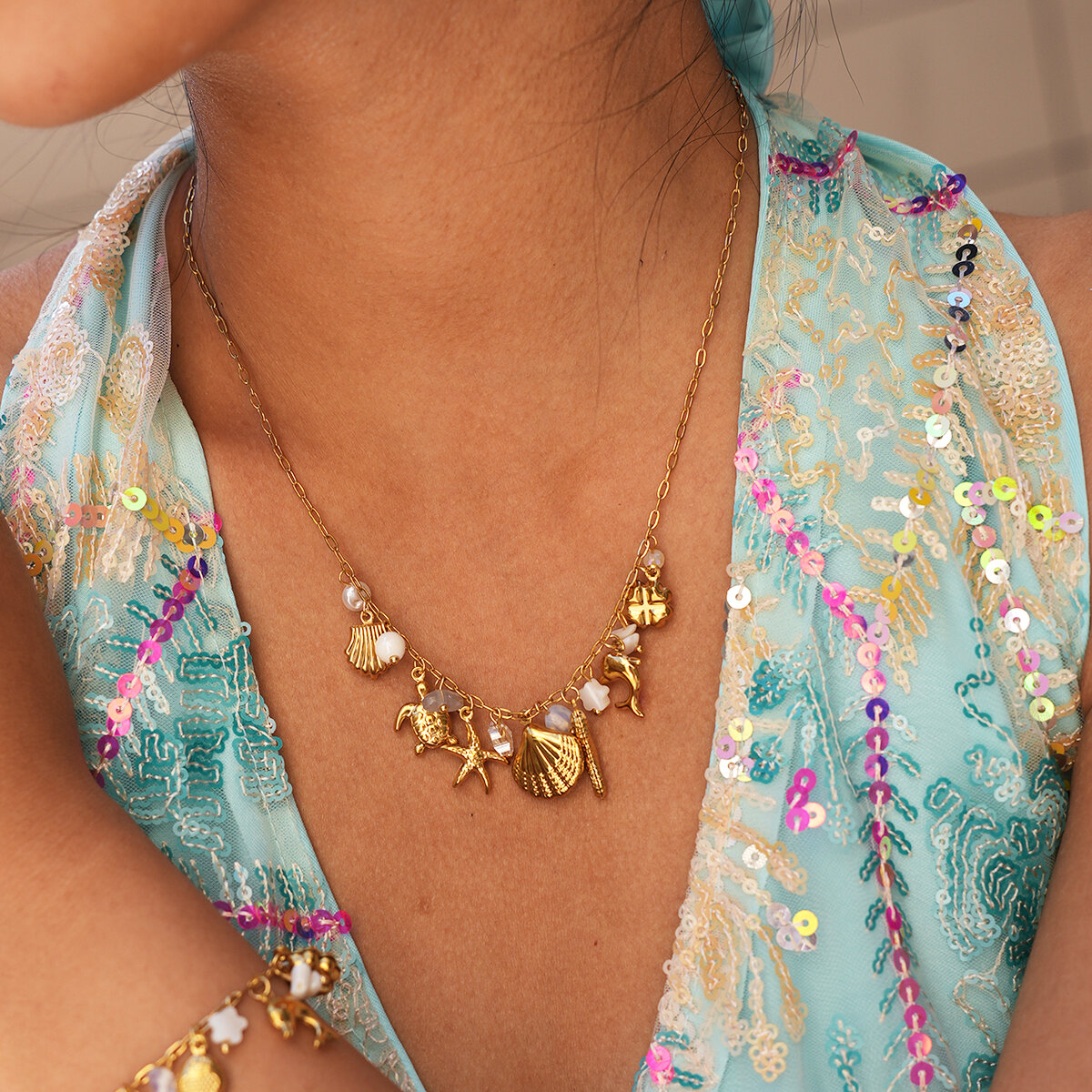 Simple Series Daily Shell Starfish Stainless Steel Waterproof   Gold Color  Women's Pendant Necklaces