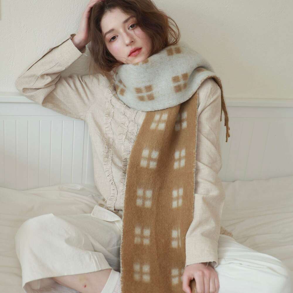 Basit Seri Retro Püsküllü Karışık Renkli Geometrik Şekilli Yün-Polyester Karışımı Kışlık Şallar Resim2