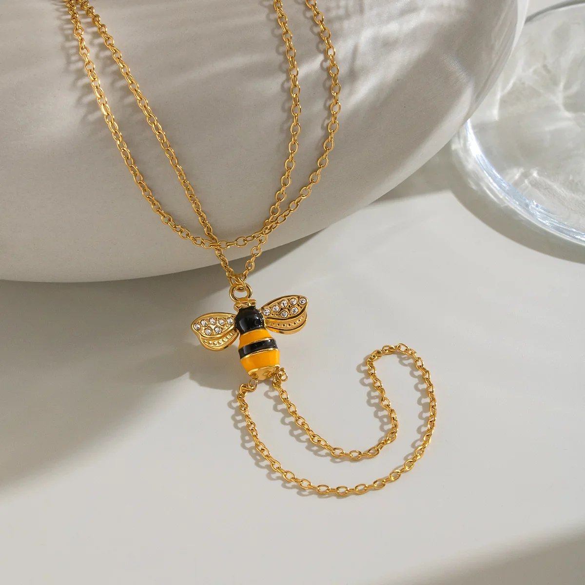 Enamel Bee Shape Stainless Steel Waterproof Gold Color Rhinestone Women's Hand Chain