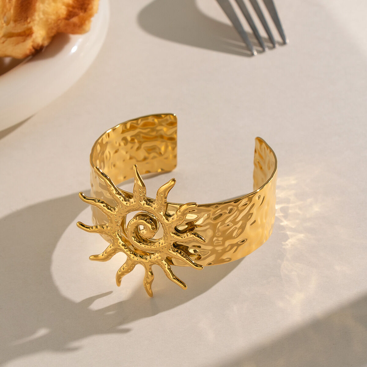 Sun Shape Stainless Steel Waterproof Gold Color Women's Cuff Bracelets