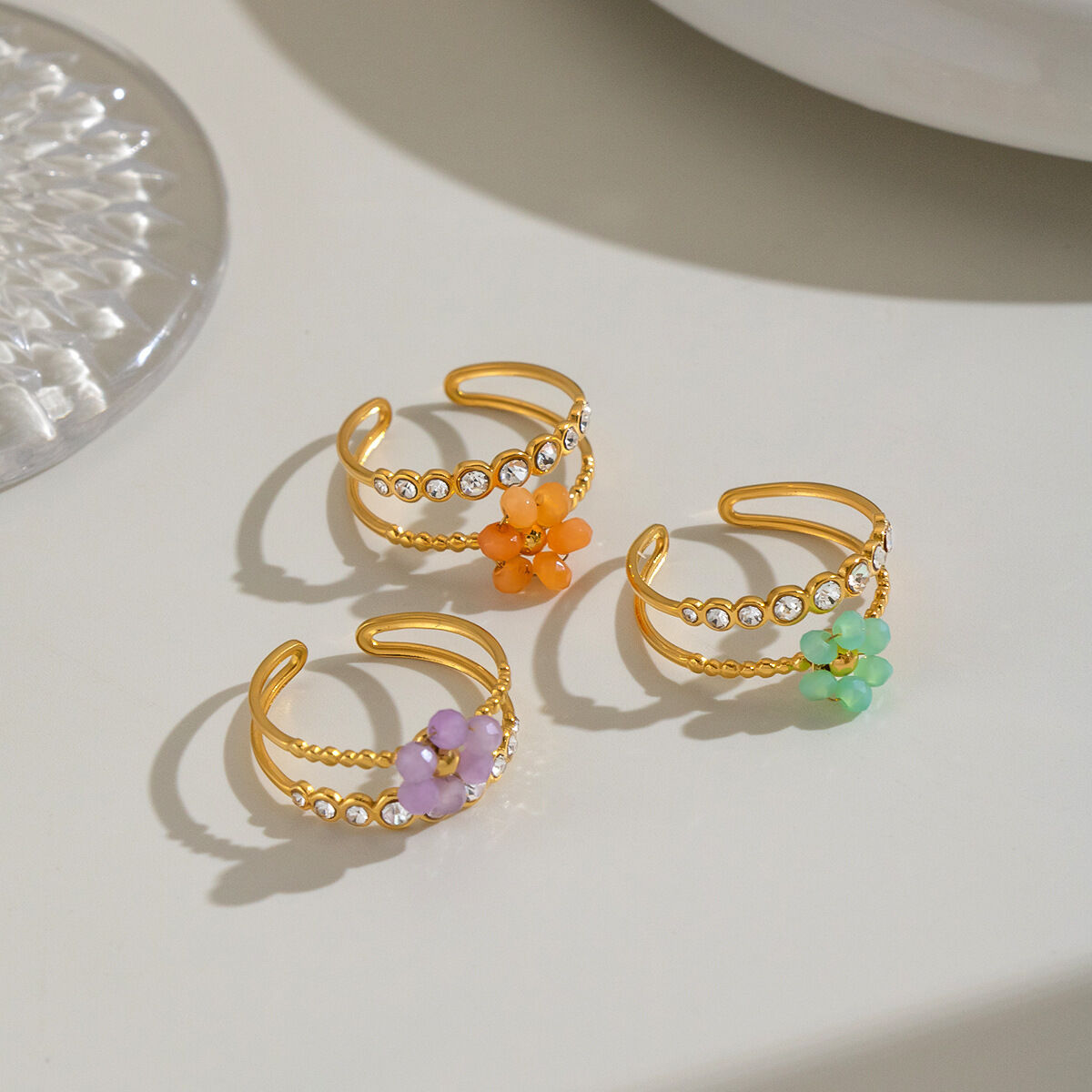Sweet Flower Stainless Steel Waterproof Gold Color Zircon Statement Rings