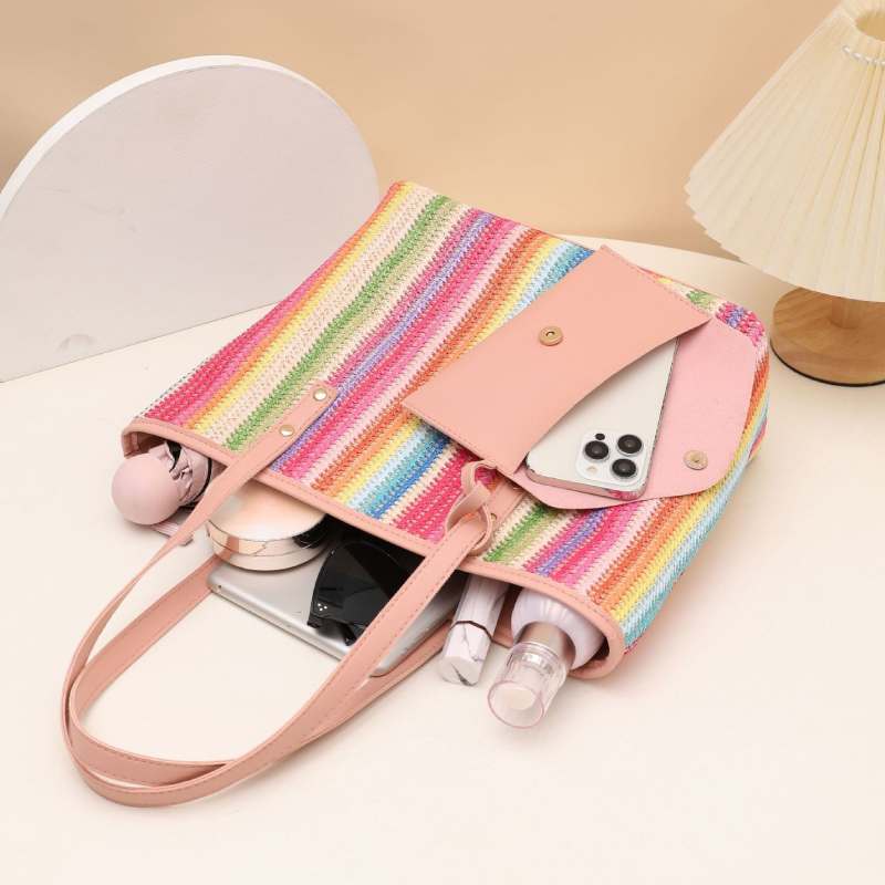 Sac carré femme en PU tissé à rayures multicolores style décontracté h5 Image3