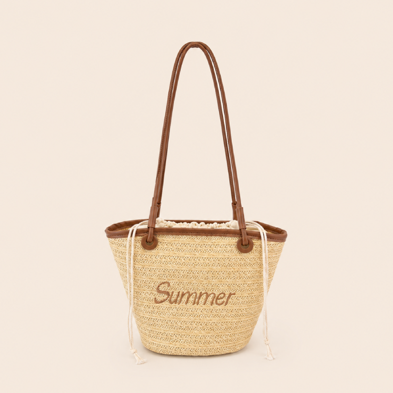 Bolso trapezoidal de rafia tejida con letras bordadas estilo vacaciones para mujer