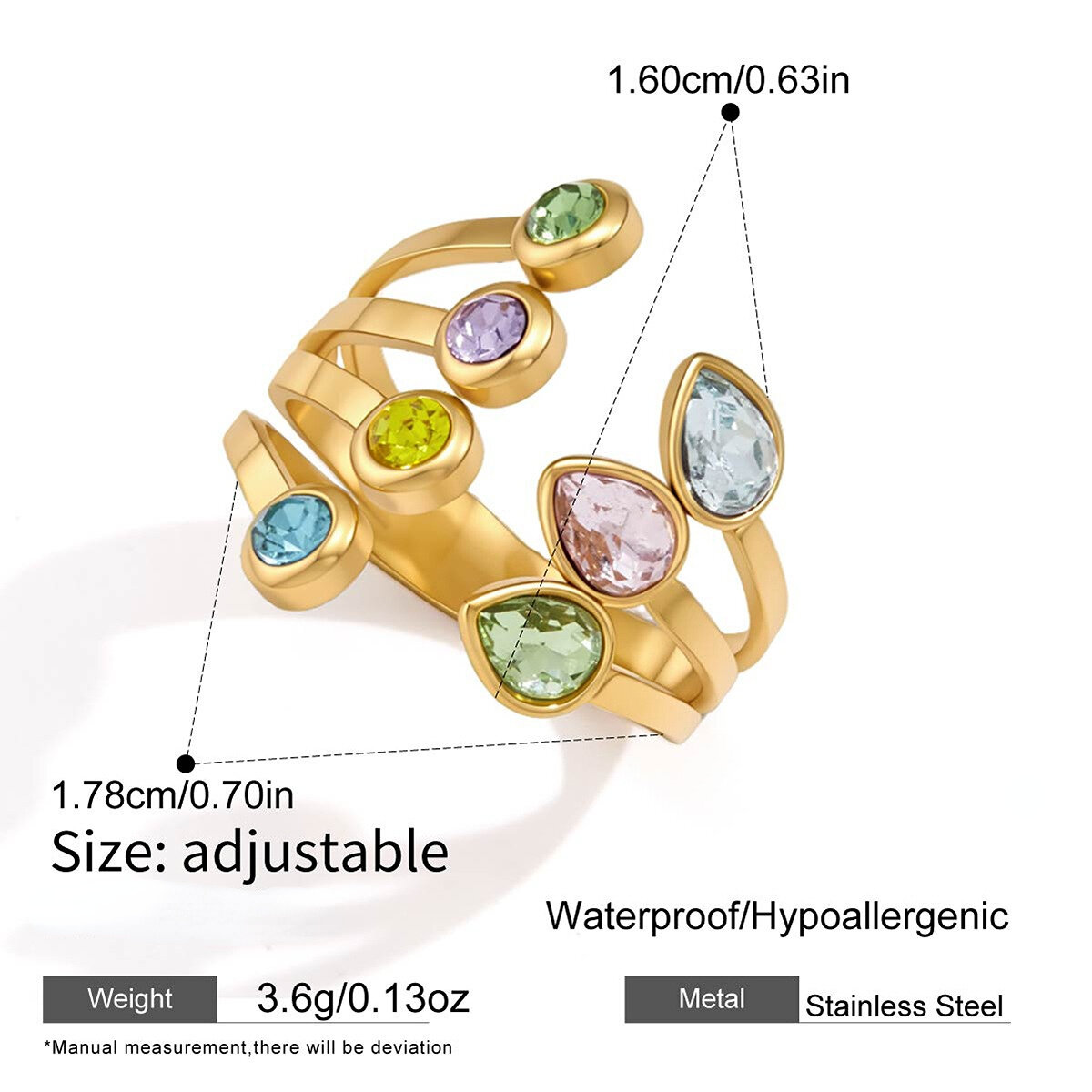 Anelli da donna di lusso, dalla forma irregolare, in acciaio inossidabile, impermeabili, color oro, con zirconi. 