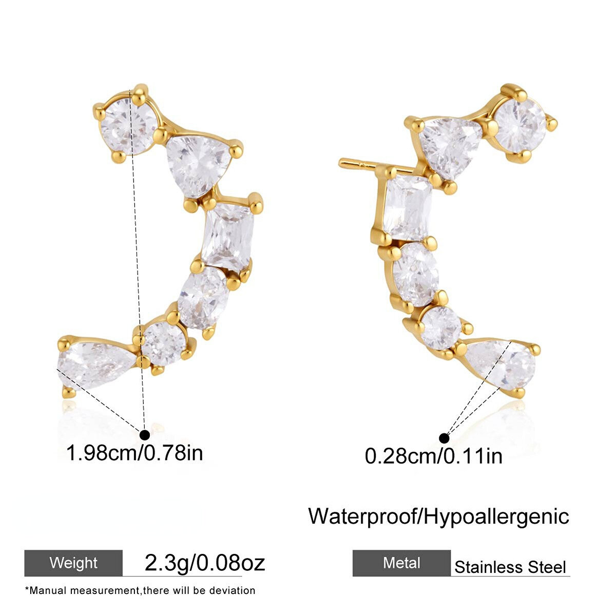 Orecchini a perno da donna semplici a forma di C in acciaio inossidabile color oro con zirconi, impermeabili. 