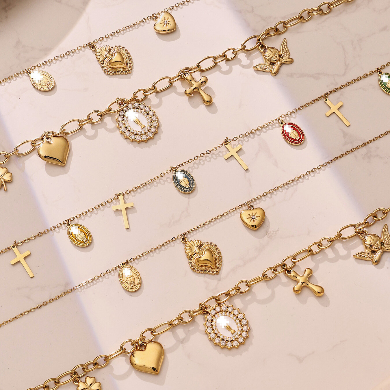 Luxuriöse Retro-Serie: Herz-Kreuz-Anhänger in Ellipsenform, Edelstahl, wasserdicht, goldfarben, für Damen