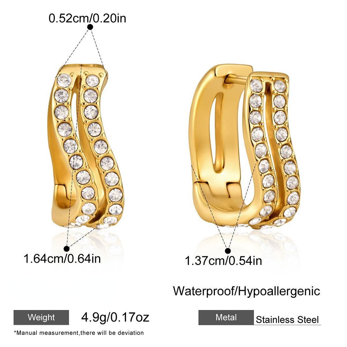 Eenvoudige, uitgeholde, waterdichte, goudkleurige oorringen van roestvrij staal met strass-steentjes voor dames. h5 