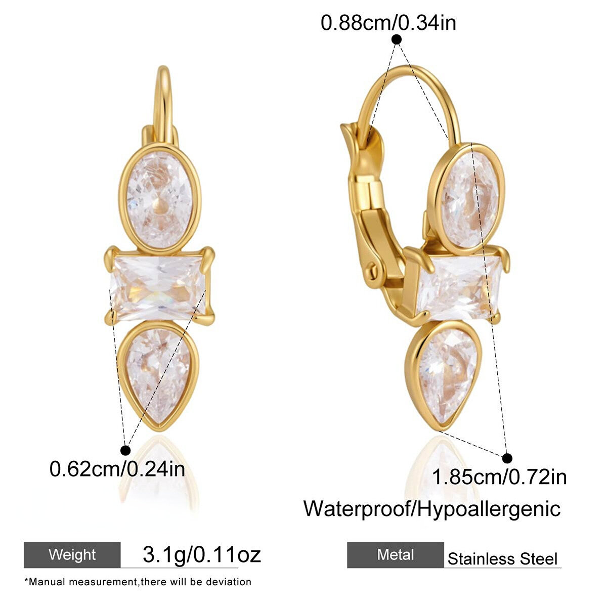 Luxe serie druppelvormige, waterdichte, roestvrijstalen oorringen met goudkleurige zirkonia voor dames. h5 