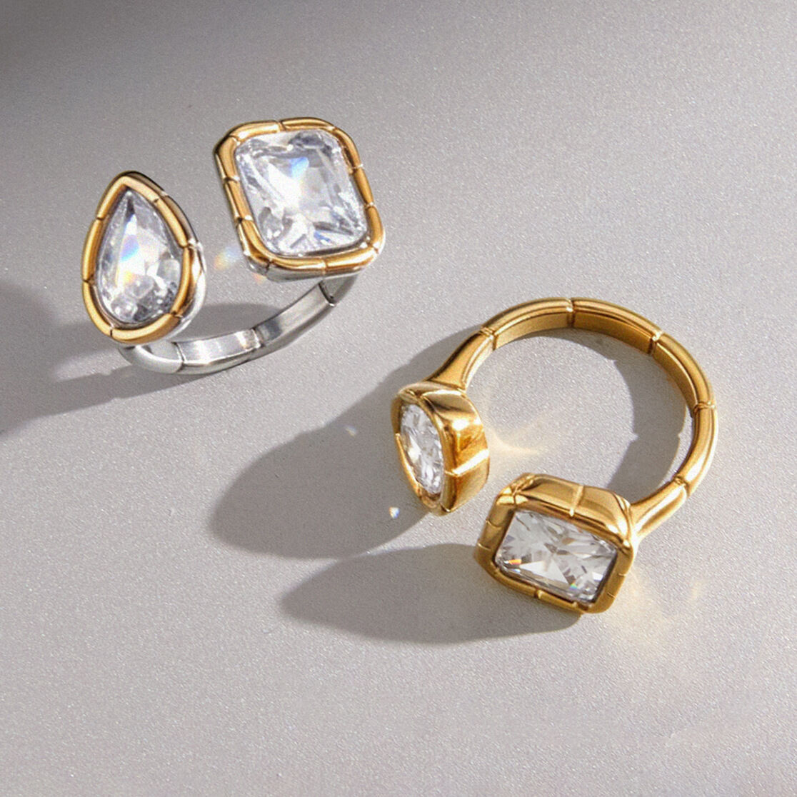 Luxe serie eenvoudige geometrische vormen, roestvrij staal, waterdicht, goudkleurige zirkonia, damesringen met edelsteen Afbeelding2