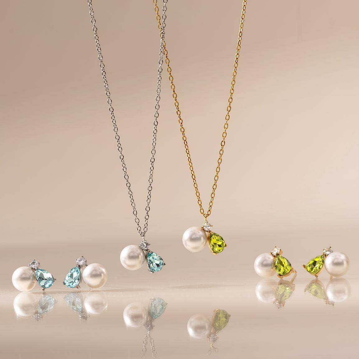 Eleganti set di collane da donna con gocce in acciaio inossidabile impermeabile color oro, perle e zirconi. Immagine3