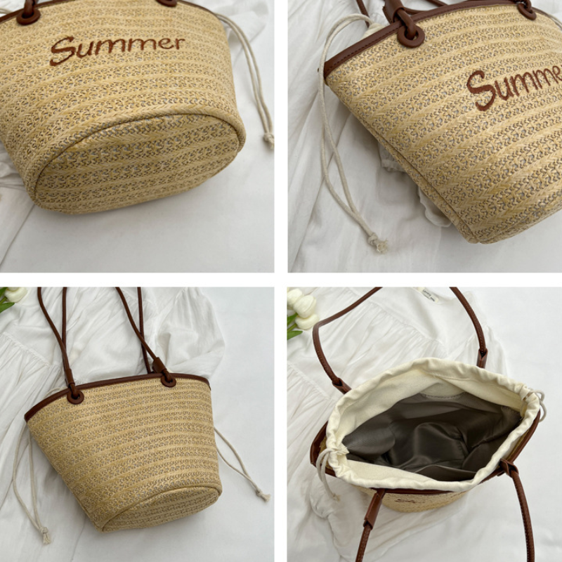 Vacation Style Embroidered Woven Letter Woven Raffia Women's Trapezoid Bag h5 Picture3