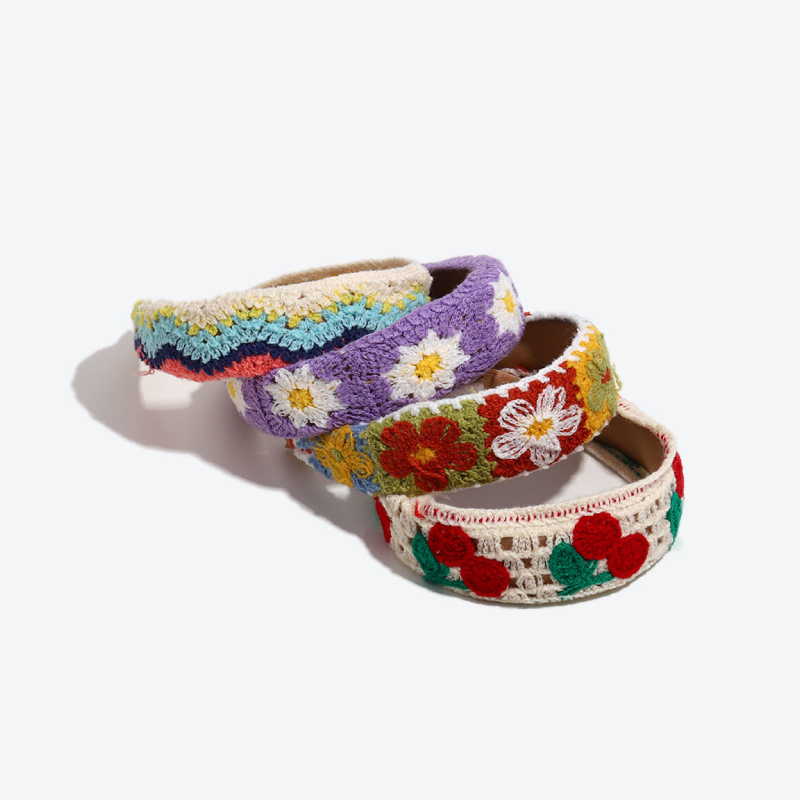 Ethnic Series Casual Flower Stripe Hollowed-Out Mixed Color Cherry Woven Fabric Hair Bands