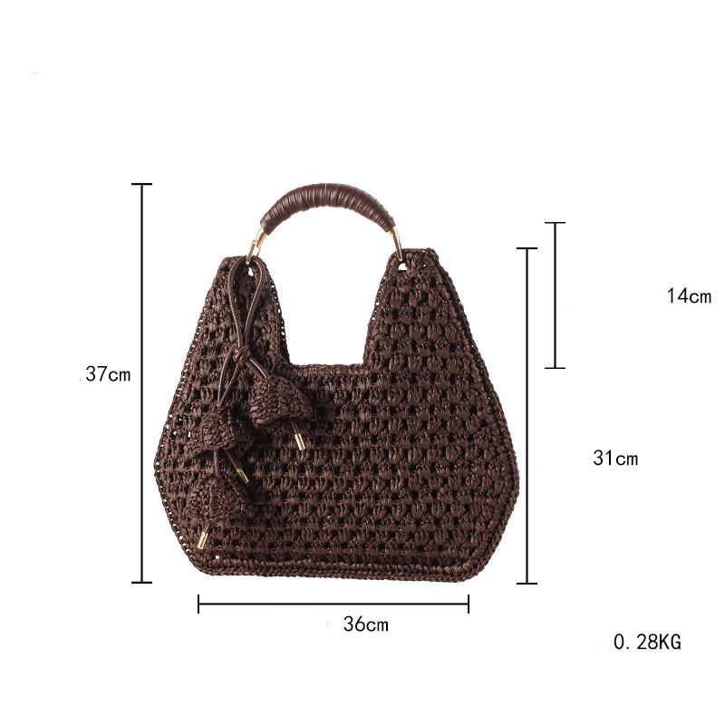 Bolso trapezoidal de rafia tejida con diseño floral calado y estilo casual para mujer. Imagen6
