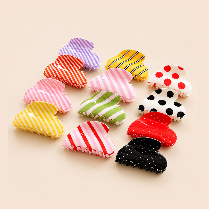 Romantic Series Simple Heart Stripe Polka Dots Mixed Color Pvc Hair Claws