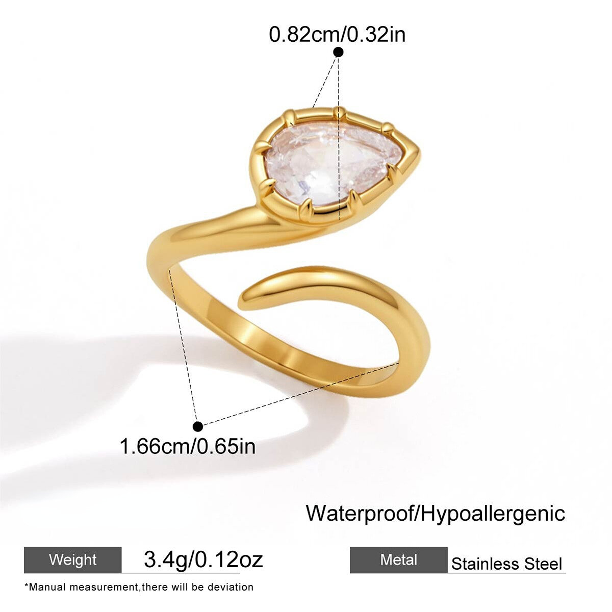 Anello da donna in acciaio inossidabile color oro, impermeabile, a forma di goccia, con zirconi. 
