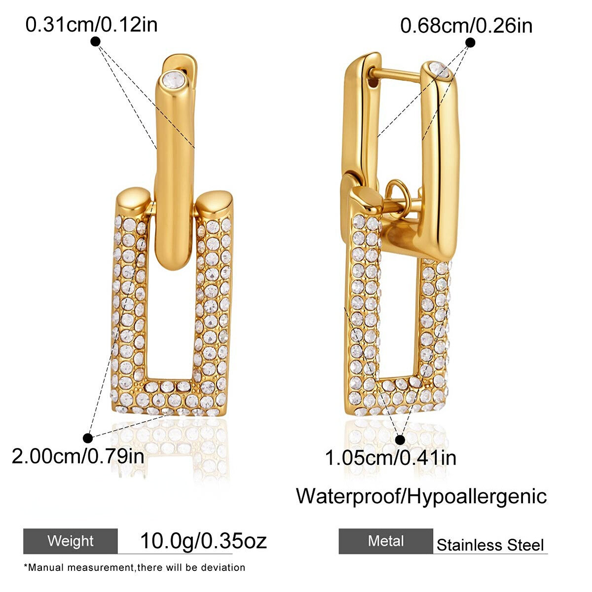 Orecchini pendenti da donna semplici, rettangolari, in acciaio inossidabile impermeabile color oro con strass. 