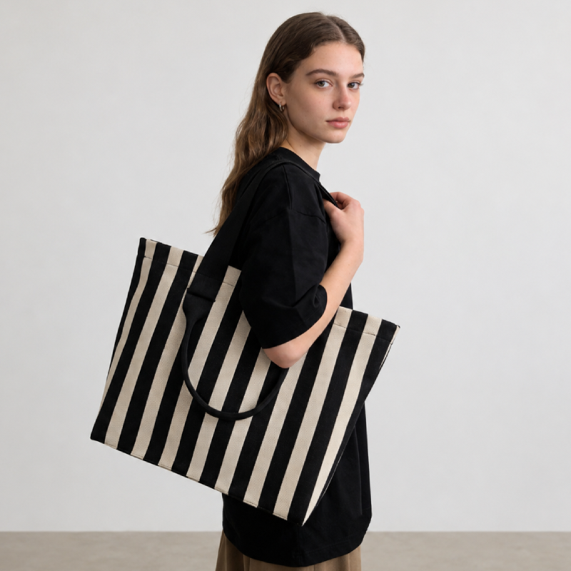 Borsa tote da donna in poliestere intrecciato, stile casual, a righe e colori misti. Immagine5