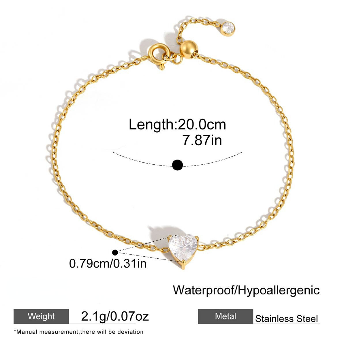 Braccialetti da donna semplici, impermeabili, in acciaio inossidabile color oro con ciondoli e zirconi. 