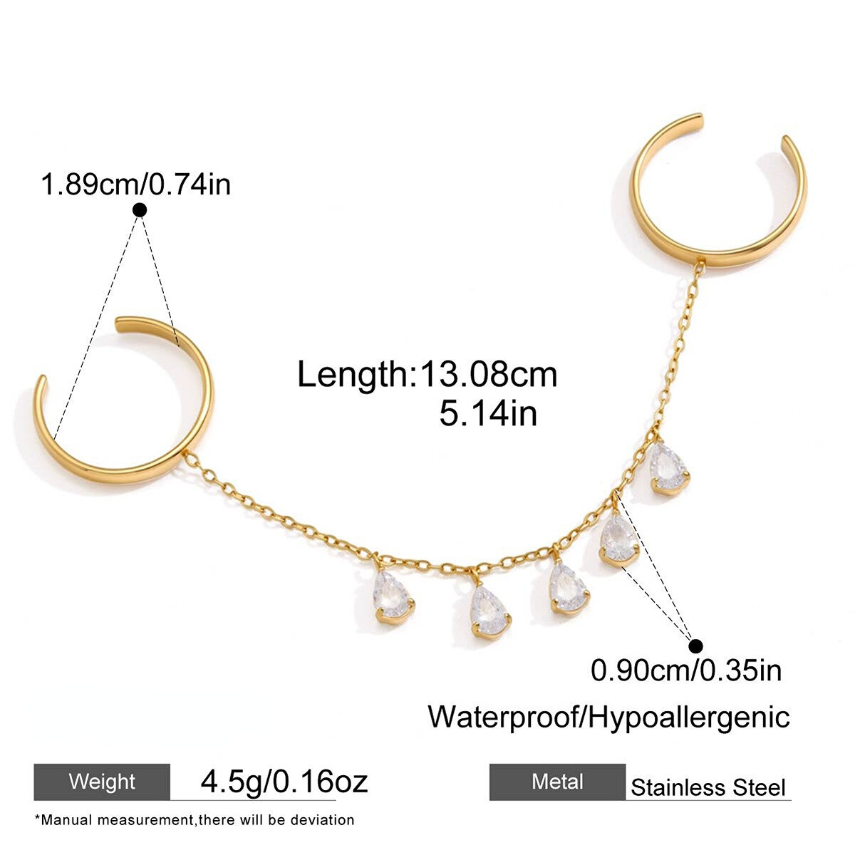 Luxuriöse Serie: Schlichter Tropfenquastenring aus Edelstahl, wasserdicht, goldfarben, mit Zirkonia-Edelsteinen 