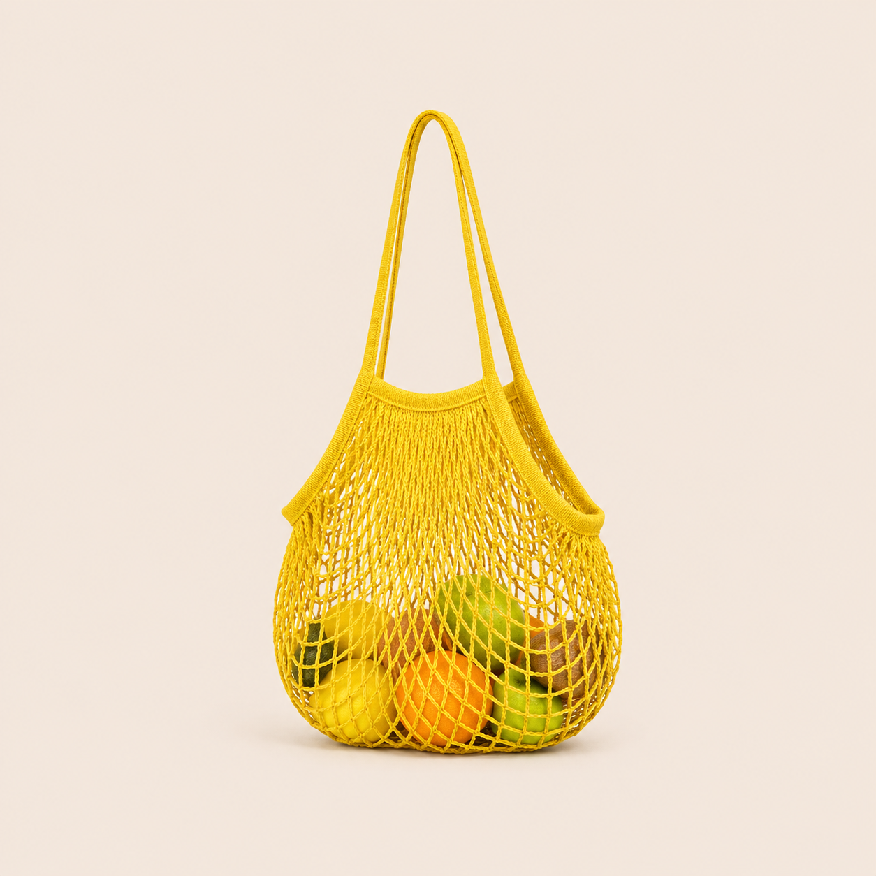 Bolso redondo de mujer de estilo casual, tejido liso, calado y con cuerda trenzada.