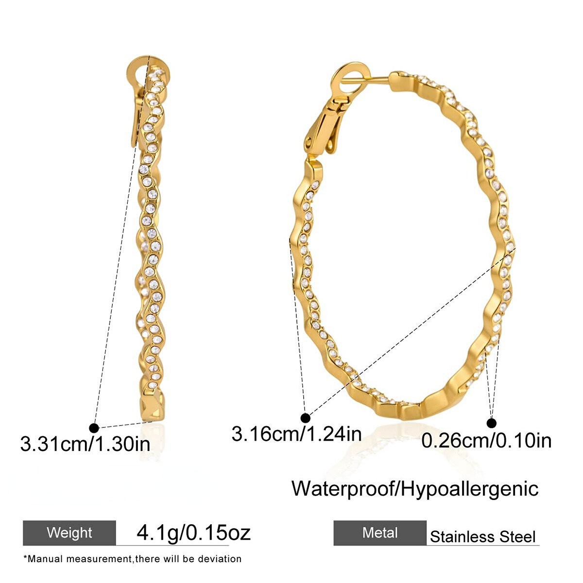 Orecchini a cerchio semplici da donna in acciaio inossidabile, impermeabili, color oro con strass. 