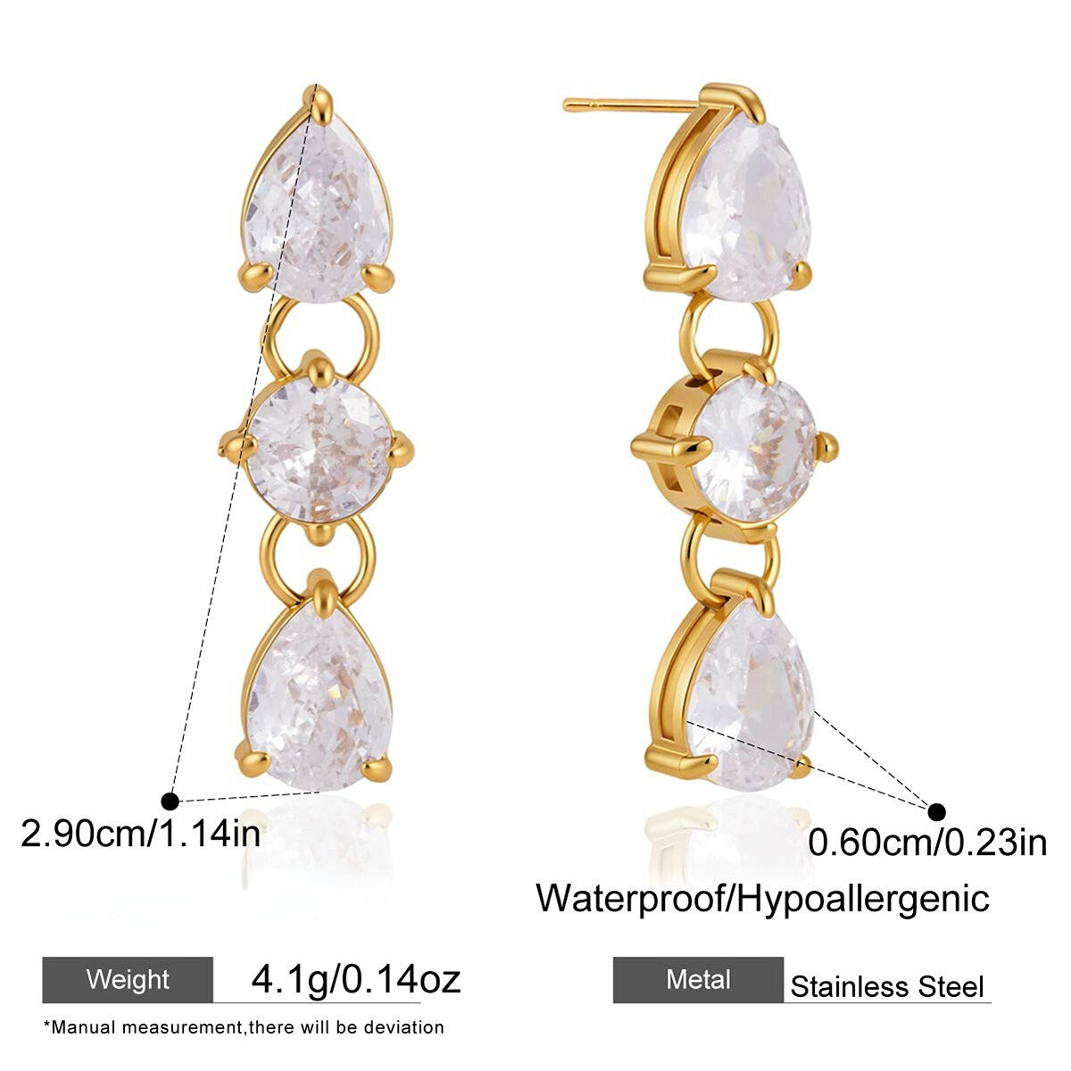 Schlichte Tropfenohrringe mit Quaste, Edelstahl, wasserdicht, goldfarben, Zirkonia h5 